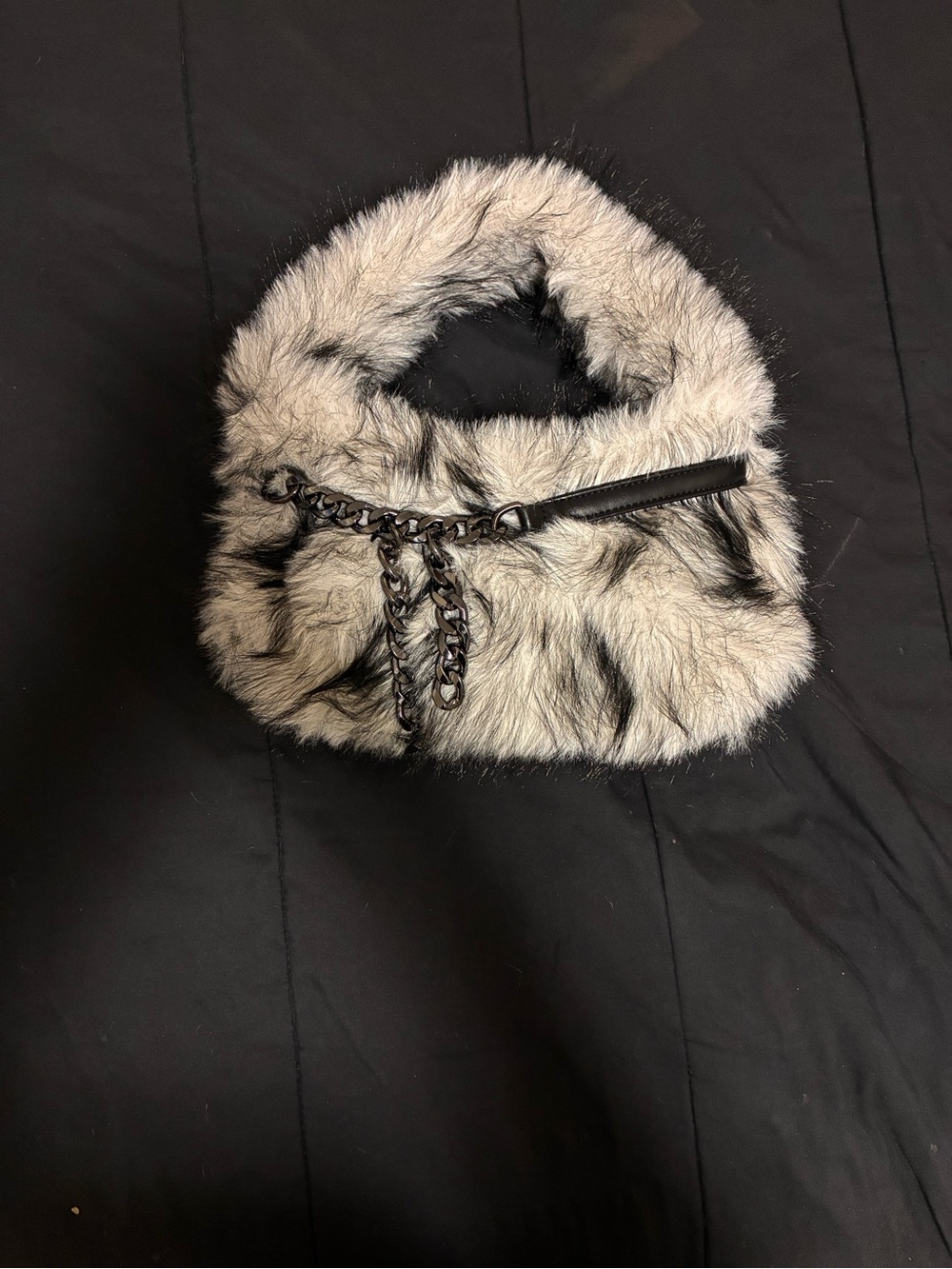 Faux Fur Shoulder Bag with Star Chain - Cream/Gray